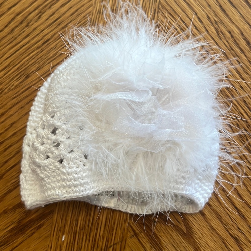 White Crochet baby hat with feathers